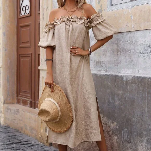 Khaki Casual Women's Off Shoulder Ruffle Trim Slit Dress - Picture 4 of 6